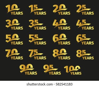Isolated golden color numbers with word years icons collection on black background, birthday anniversary greeting card elements set vector illustration