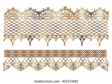 Isolated golden crocheted lace border with an openwork pattern. Set of isolated knitted lace borders. Vector illustration