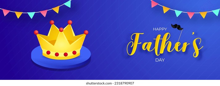 Isolated Golden Crown on Round Podium at Colorful Bunting Flag Decorated Blue Striped Background. Happy Father's Day Award Presenting Header or Banner Design.