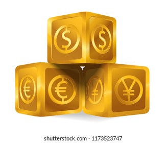 Isolated golden cube pyramid with world major currencies US dollar sign, euro, Japanese yen icon. Gold 3d object (box, Goldmine) on white background, wealth business concept idea