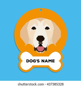 Isolated golden dog tag with text and an illustration of a dog breed