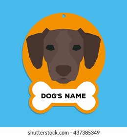 Isolated golden dog tag with text and an illustration of a dog breed