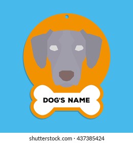 Isolated golden dog tag with text and an illustration of a dog breed