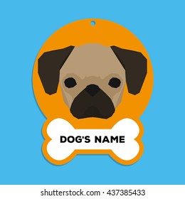 Isolated golden dog tag with text and an illustration of a dog breed