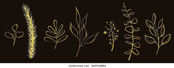 Isolated golden dust effect fir tree, eucalyptus leaves branches on dark background. Traced vector watercolor. Hand drawn illustration. Water colour drawing.