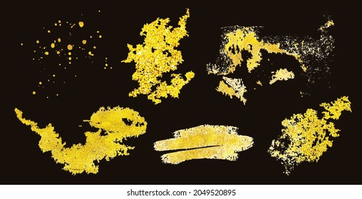 Isolated golden dust effect spots, splashes on dark background. Traced vector watercolor. Hand drawn illustration. Water colour drawing.