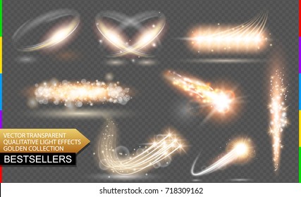 Isolated golden flare. Transparent vector light effect set, glitter, spark, star trail, comet or meteor. Abstract translucent element design. Shine ellipse rotational glow line. Sparkling firework.