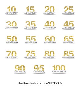 Isolated golden glitter numbers with word anniversary icon set vector illustration on white background. Collection of greetting card elements.