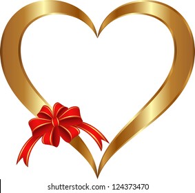 isolated golden heart with red ribbon and bow