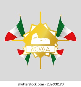 an isolated golden label with italian flags and the coliseum
