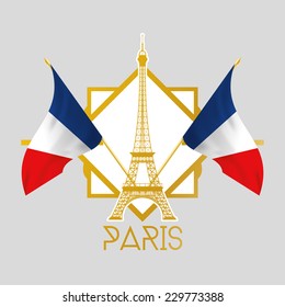 an isolated golden label with a pair of french flags and the eiffel tower