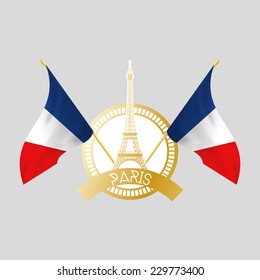 an isolated golden label with a pair of french flags and the eiffel tower