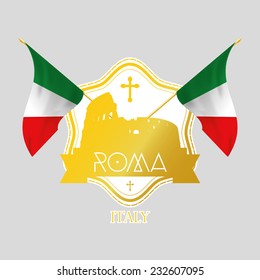 an isolated golden label with a pair of italian flags and the coliseum