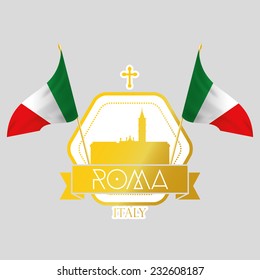 an isolated golden label with a pair of italian flags and the basilica of saint maria