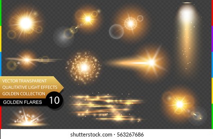 Isolated golden lens flare. Glow transparent vector light effect set, explosion, glitter, spark, sun flash, and star burst. Abstract translucent special element design. Shine semitransparent comet