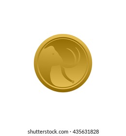 Isolated golden mammoth head side view silhouette vector logo. Round shape african animal image on a coin logotype.