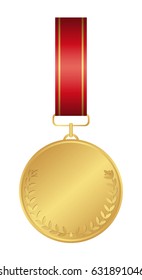 Isolated golden medal on white background. Award with ribbon.