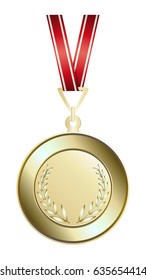 Isolated golden medal on white background. Award with ribbon.