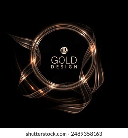 Isolated golden round frame with ribbons and glitter on a black background.