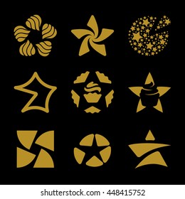 Isolated golden stars vector logo set. Space elements logotypes collection. Abstract floral pattern on the black background.