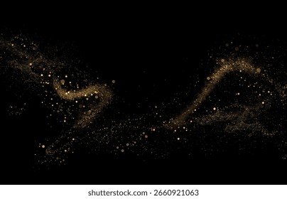 Patrón ondulado texturizado dorado aislado del oropel, composición en fondo negro