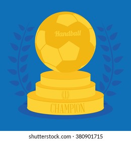 Isolated golden trophy with a handball ball on a blue background with a laurel wreath