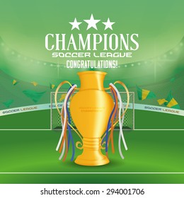 Isolated golden trophy on a soccer stadium. Vector illustration