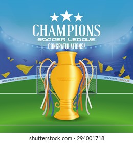 Isolated golden trophy on a soccer stadium. Vector illustration
