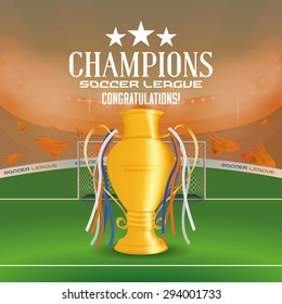 Isolated golden trophy on a soccer stadium. Vector illustration