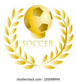 an isolated golden trophy with a soccer ball and a laurel wreath