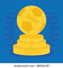 Isolated golden trophy with a soccer ball on a blue background with a laurel wreath