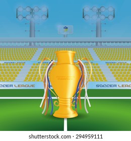 Isolated golden trophy with a view of a soccer stadium. Vector illustration