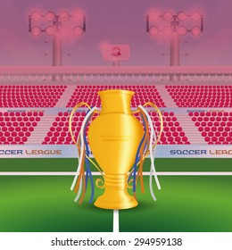 Isolated golden trophy with a view of a soccer stadium. Vector illustration