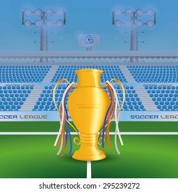 Isolated golden trophy with a view of a soccer stadium. Vector illustration