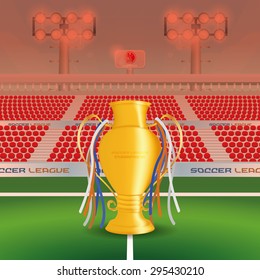 Isolated golden trophy with a view of a soccer stadium. Vector illustration