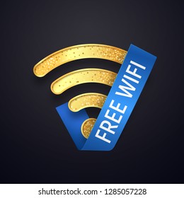 Isolated golden wifi vector icon with blue ribbon . Gold free wi fi wireless symbol. Textured wi-fi logo on dark background