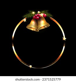 Isolated golden wreath with bluebells, red berries on a black background.
