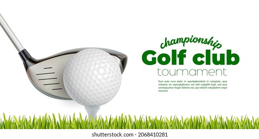 Isolated golf club stick and ball tee on grass field. Realistic 3d vector design of golfing sport tournament announcement with green grass blades. Golf championship on professional course, competition - Shutterstock ID 2068410281