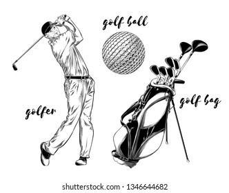 Isolated golf set on white background. Hand-drawn elements such as golfer, golf ball and golf bag. Vector illustration