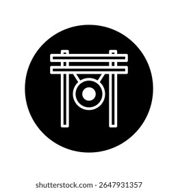 Isolated gong vector icon in a black circle, traditional musical instrument illustration with a white outline style