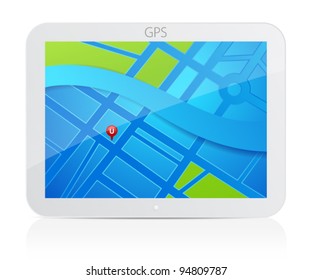 Isolated GPS navigator with blue screen and map of city. Vector Illustration of white tablet