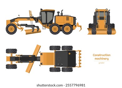 Isolated grader drawing. Industrial transport. Side, top and front view of construction vehicle. 3D orange machine blueprint. Vector illustration