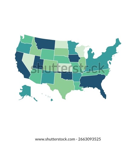 Isolated gradient green United States of America state map icons including Texas, California, and more. Ideal for infographics, education, and geographic visual projects.