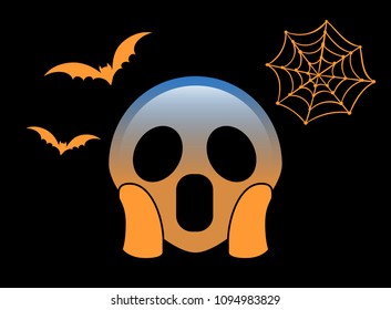 The isolated gradient orange scary and spooky face flat icon with flying bat and spider net