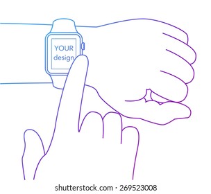 Isolated gradient outline  hands with  smart watch with you design on the screen on a white background 