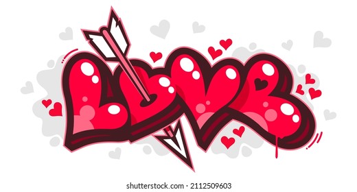 Isolated Graffiti Style Word Love With Hearts Text Lettering. Vector Illustration Art For Happy Valentines Day