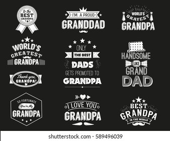 Isolated Grandfathers quotes on the black background. Grandpa congratulation label, badge vector collection. Granddads Mustache, hat, stars elements for your design