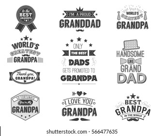 Isolated Grandfathers quotes on the white background. Grandpa congratulation label, badge vector collection. Granddads Mustache, hat, stars elements for your design.