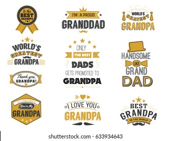 Isolated Grandfathers quotes on the white background. Grandpa congratulation label in black and gold colors, badge vector collection. Granddads Mustache, hat, stars elements for design.