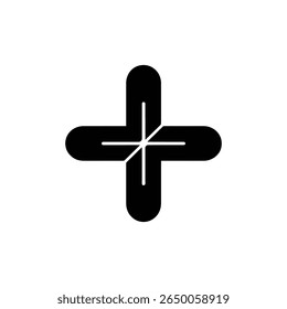 Isolated graphic of a black rounded plus sign shape with a symmetrical design element on a white background. Simple vector graphic for various applications.
